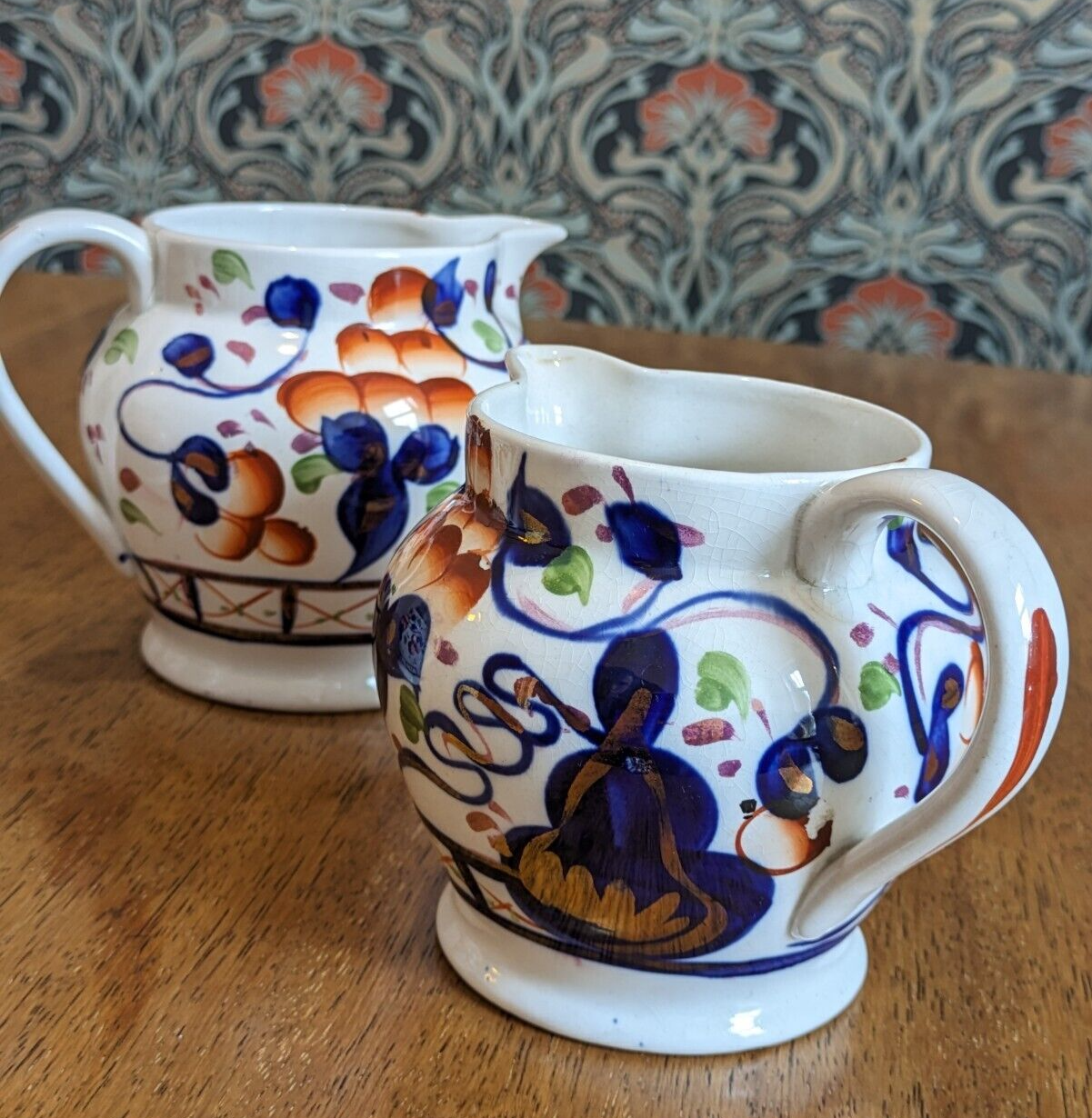 Antique Graduated Trio of Gaudy Welsh Imari Pitcher Jugs Vase Allertons England