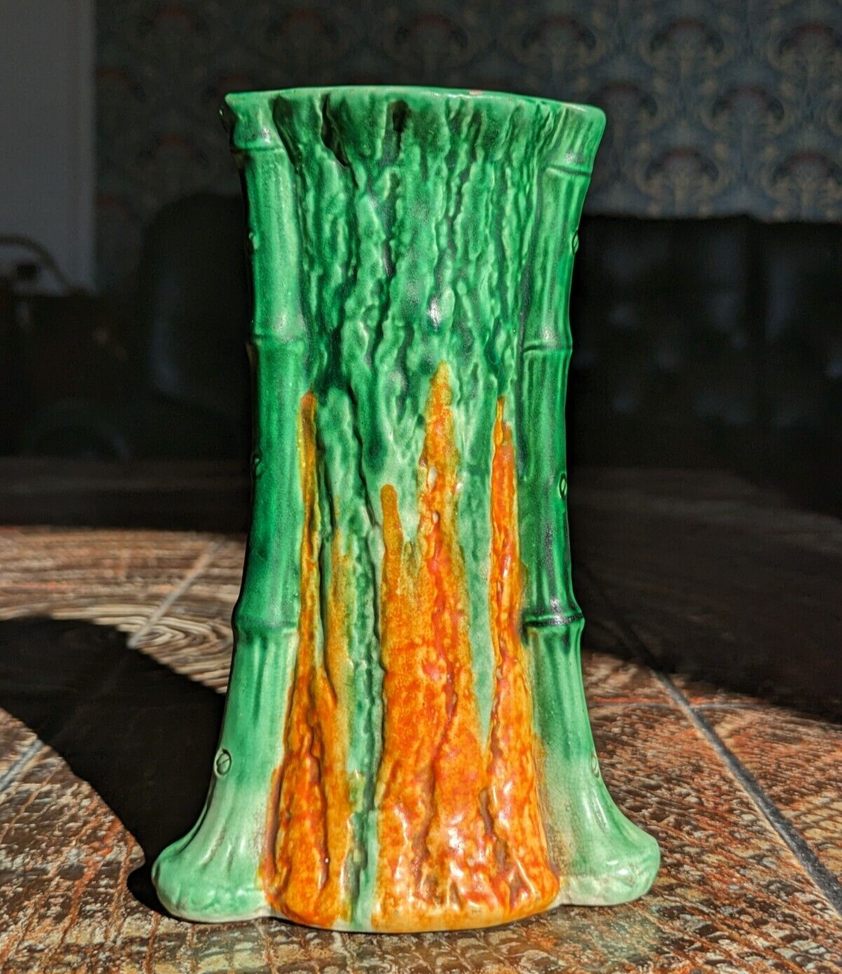 Rare Early 20th Century Antique Bretby Pottery Tree Trunk Vase Orange & Green