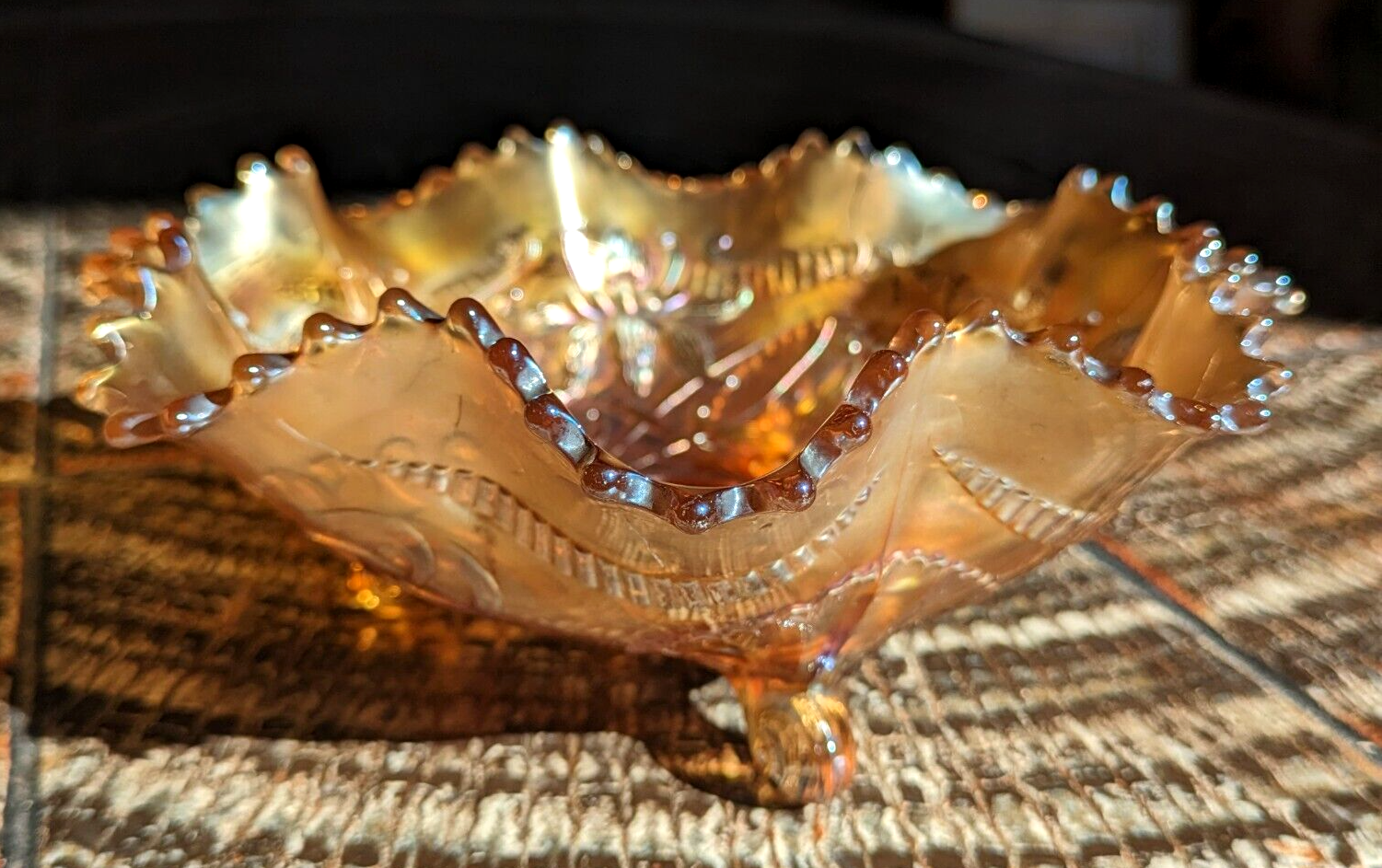 Rare Northwood USA Wishbone Orchid Ruffled Marigold Carnival Glass Bowl Antique