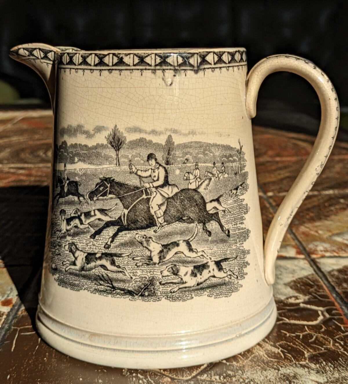 Large 19th Century Staffordshire Pearlware Jug Hunting Pitcher Victorian Antique