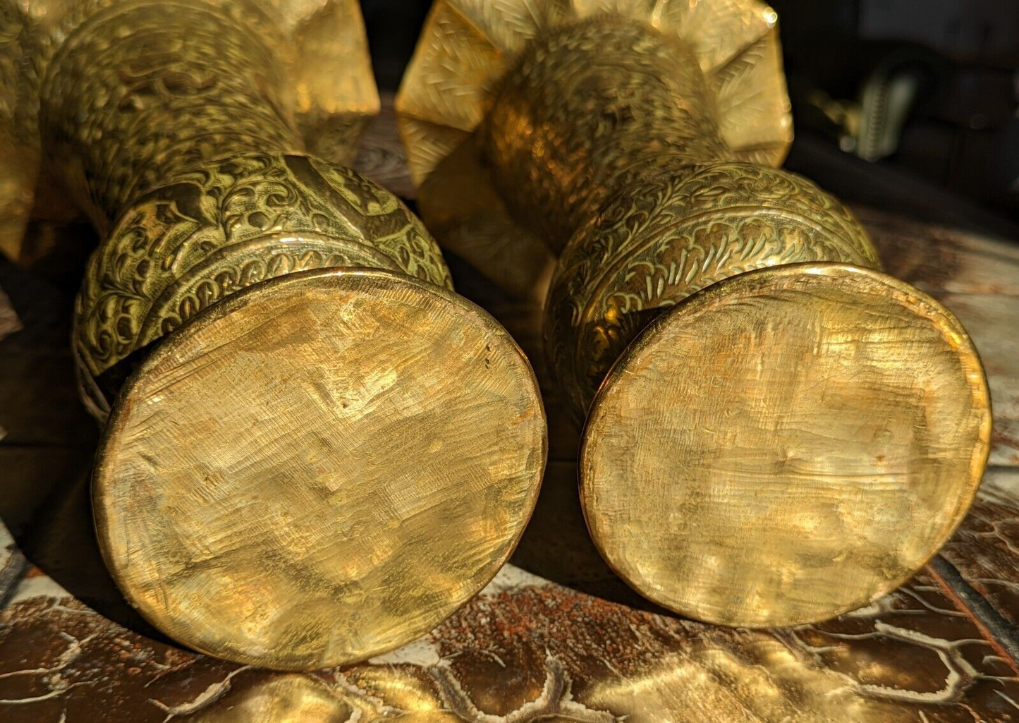 19th Century Pair of Indo Persian Engraved Brass Trumpet Vases Antique 26 cm