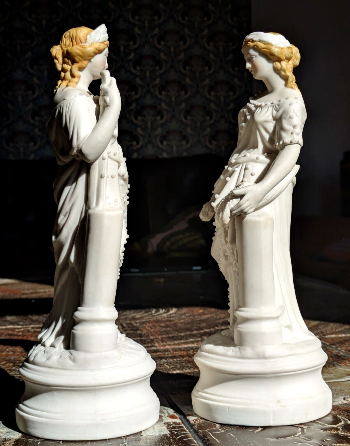 Rare Pair Victorian Parian Ware Classical Figures 19th Century Porcelain Antique