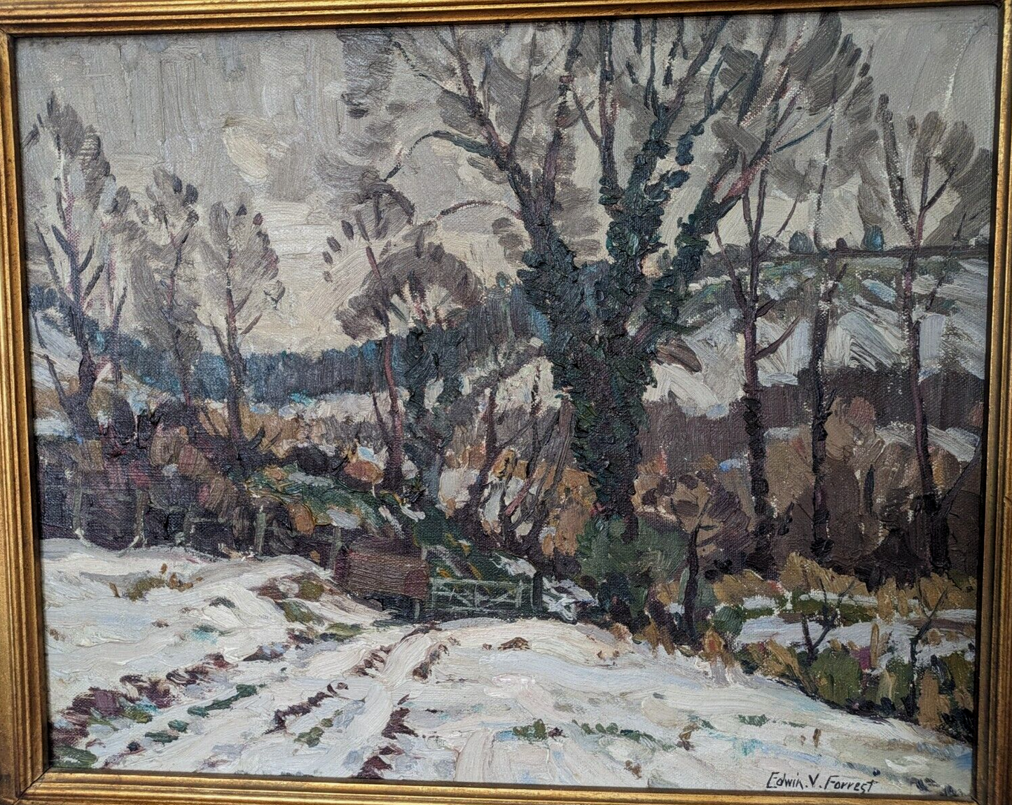 Edwin V Forrest British 20th Century Abstract Winter Landscape Oil Painting Art