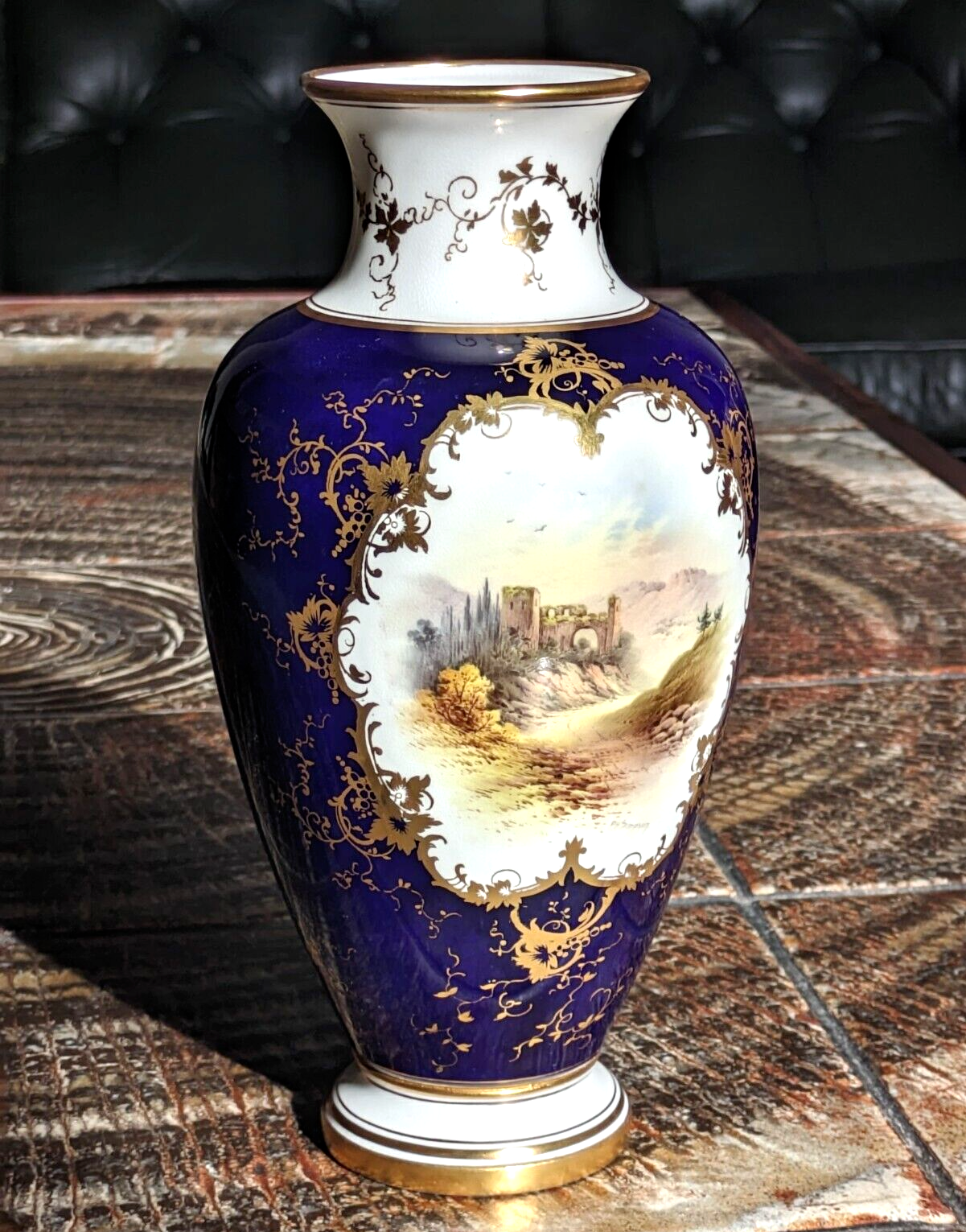 19th 20th Century Coalport England Cobalt Ceramic Porcelain Ruins Landscape Vase