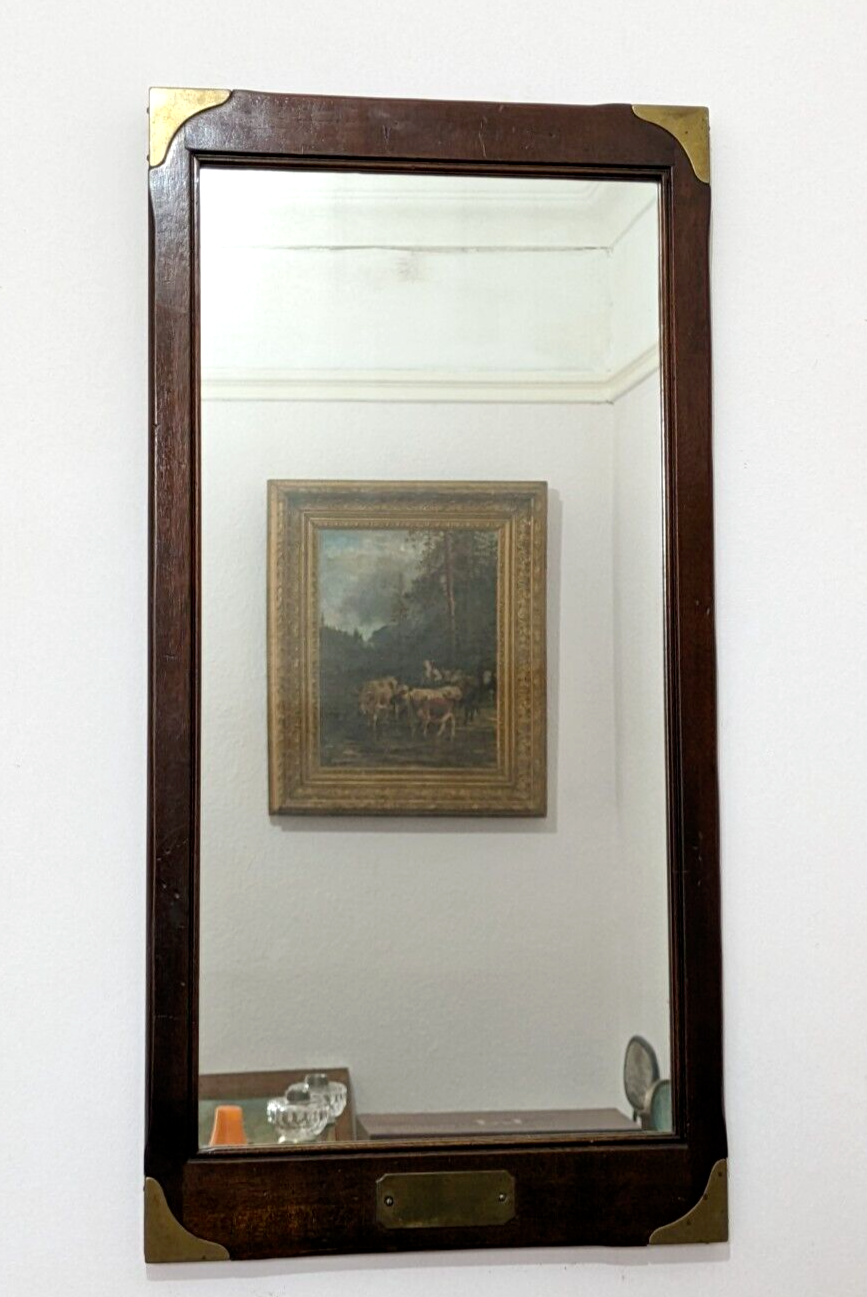 Antique Mahogany Brass Campaign Style Rectangular Wall Mirror 73.5 x 37.5 cm