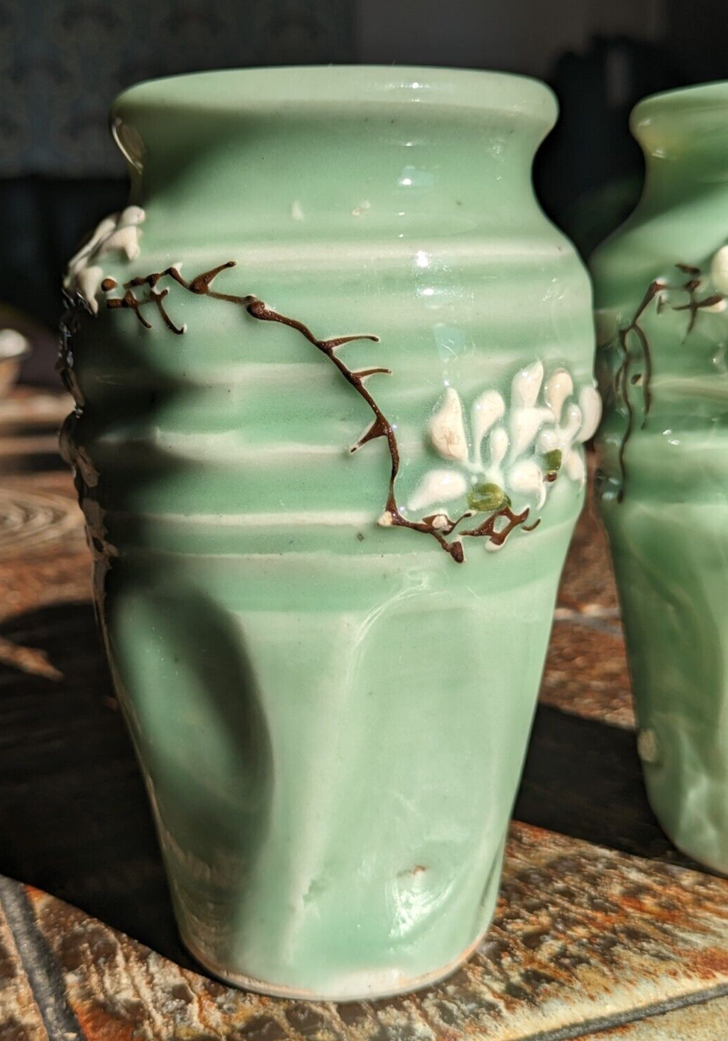 Japanese Seto Celadon Relief Flowers Ceramic Porcelain Vases Pair Antique Meiji