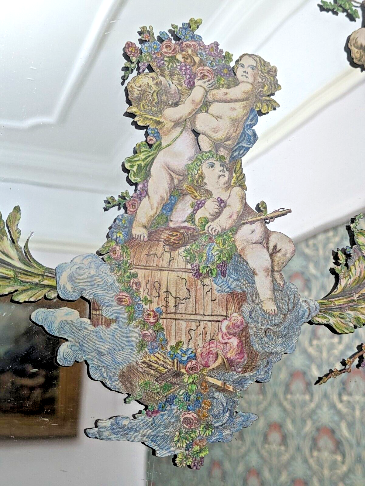 Rare 19th Century French Rococo Reverse Decoupage Mirror Cherub Faun Antique