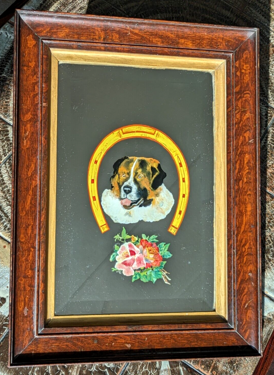 Victorian 19th Century St Bernard Dog Reverse Painted Bevel Edge Oak Wood Mirror