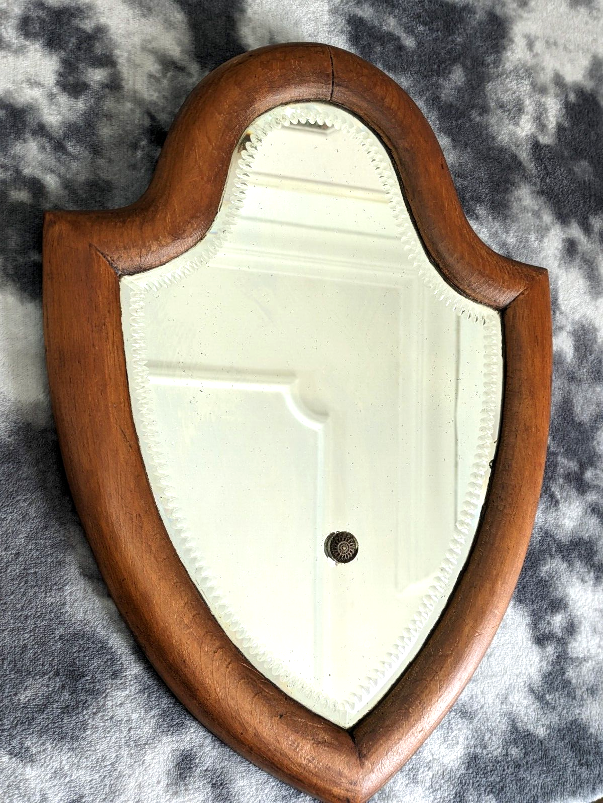 Victorian 19th Century Bevel Edged Faceted Yew Wood Shield Mirror London England