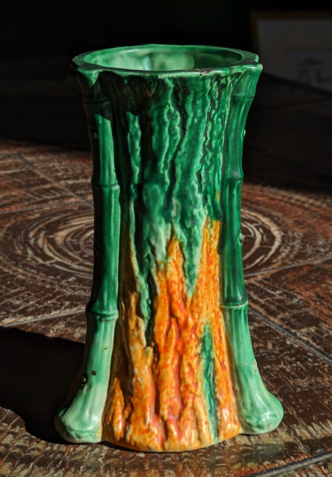 Rare Early 20th Century Antique Bretby Pottery Tree Trunk Vase Orange & Green