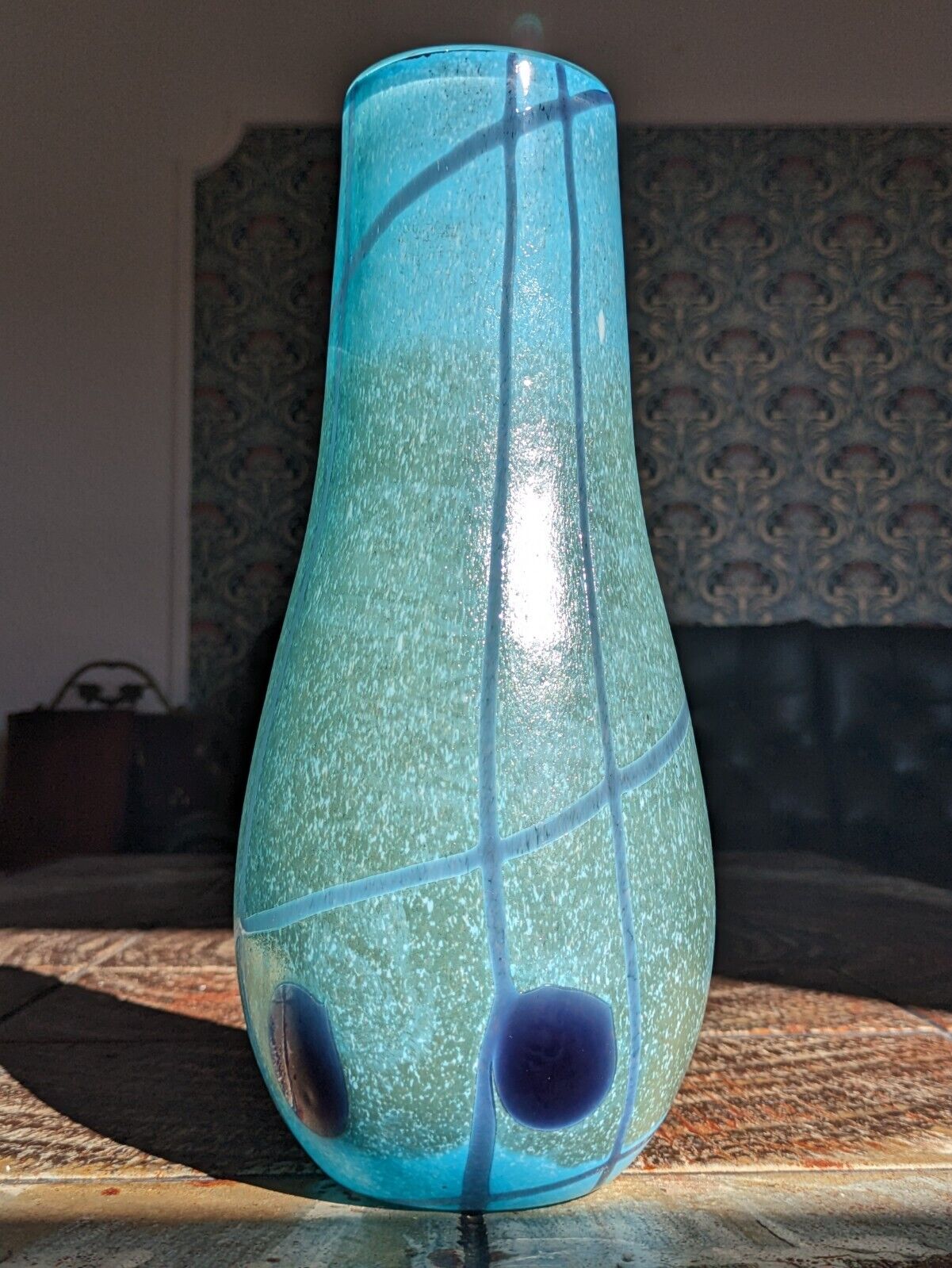 Large 20th Century Vintage Thick Art Glass Vase Speckled Blue 31 cm