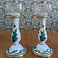 Mid 19th Century Victorian Green White Ceramic Candlestick Holders / Oil Lamps