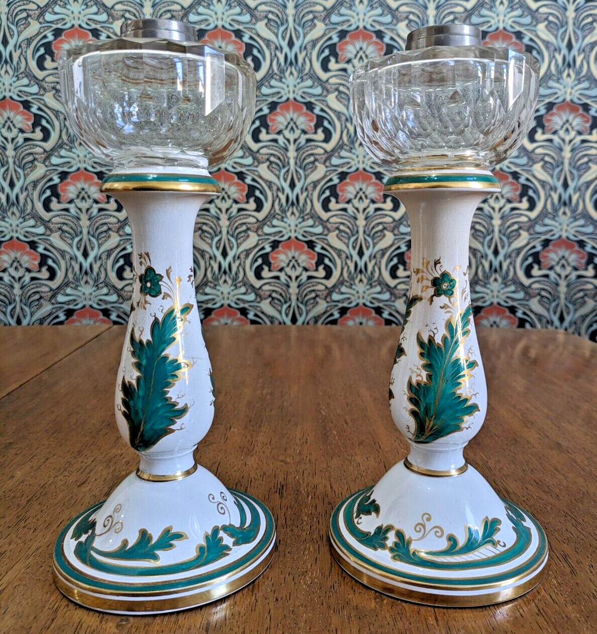 Mid 19th Century Victorian Green White Ceramic Candlestick Holders / Oil Lamps