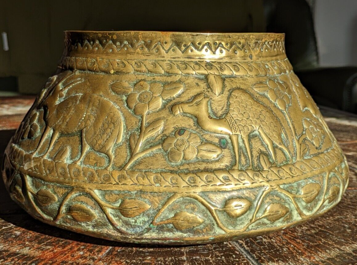 19th Century Persian Brass Qajar Engraved Animal Jardiniere Planter Vase Antique