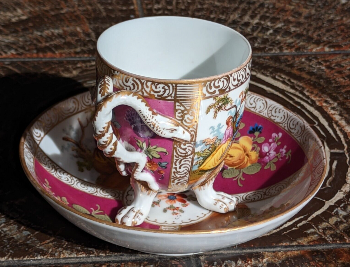 19th Century German Dresden Porcelain Paw Feet Serpent Handle Tea Cup & Saucer