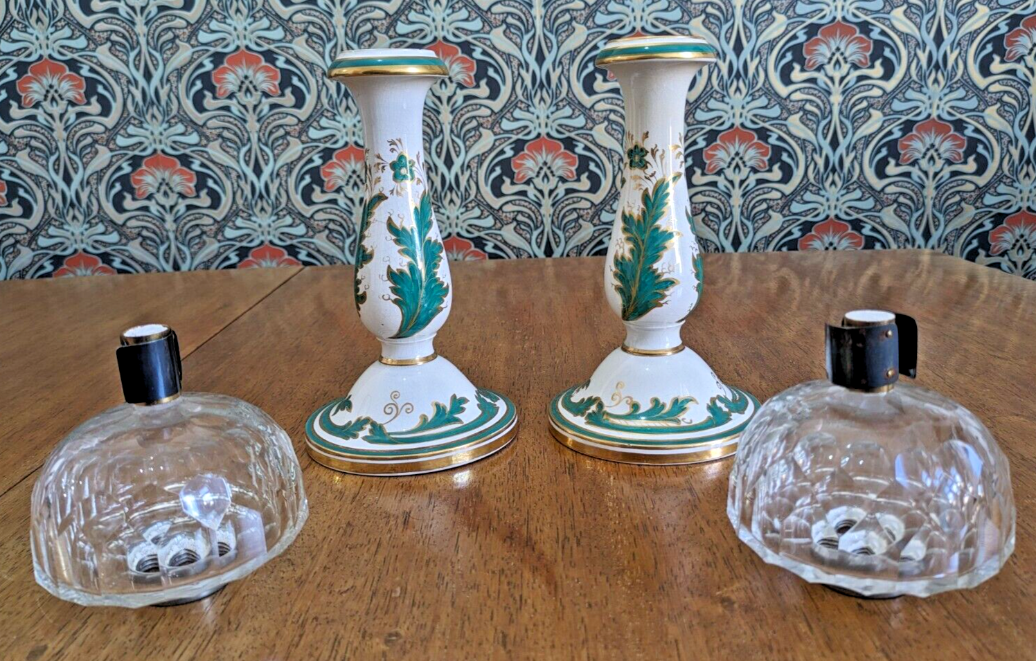 Mid 19th Century Victorian Green White Ceramic Candlestick Holders / Oil Lamps