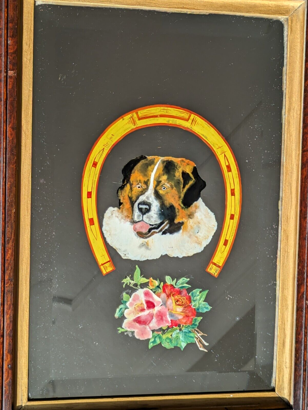 Victorian 19th Century St Bernard Dog Reverse Painted Bevel Edge Oak Wood Mirror