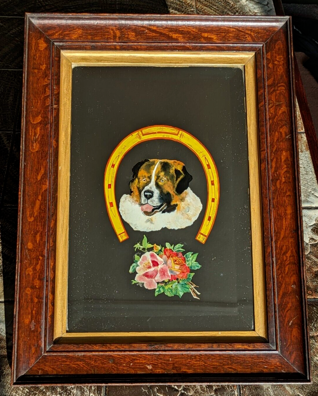 Victorian 19th Century St Bernard Dog Reverse Painted Bevel Edge Oak Wood Mirror