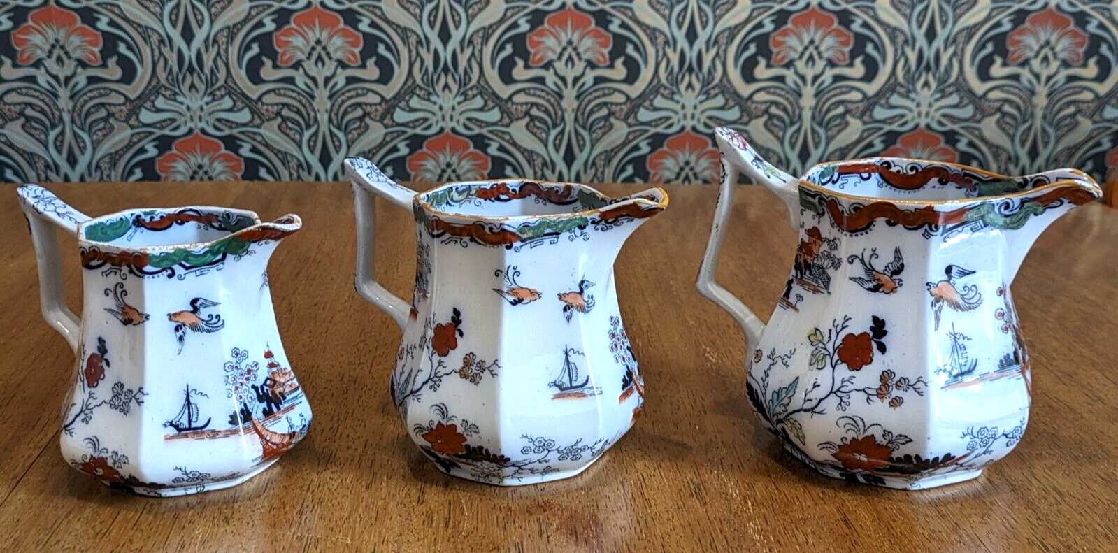 19th Century Chinoiserie Graduated Trio Masons Ironstone Pitcher Jugs Antique