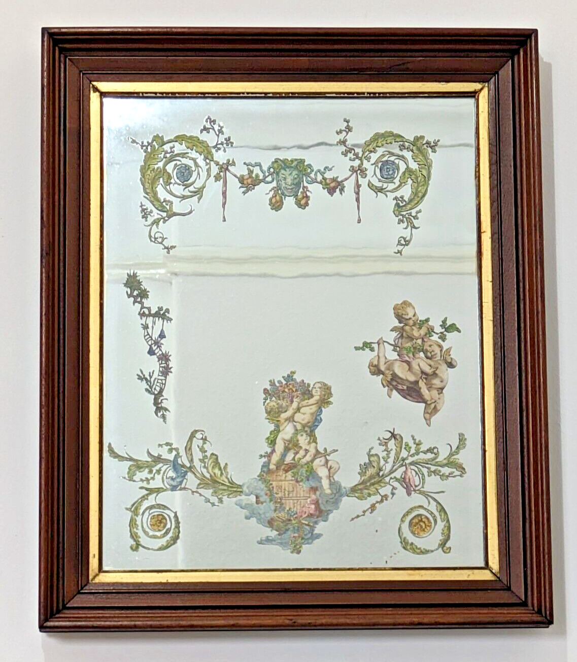 Rare 19th Century French Rococo Reverse Decoupage Mirror Cherub Faun Antique