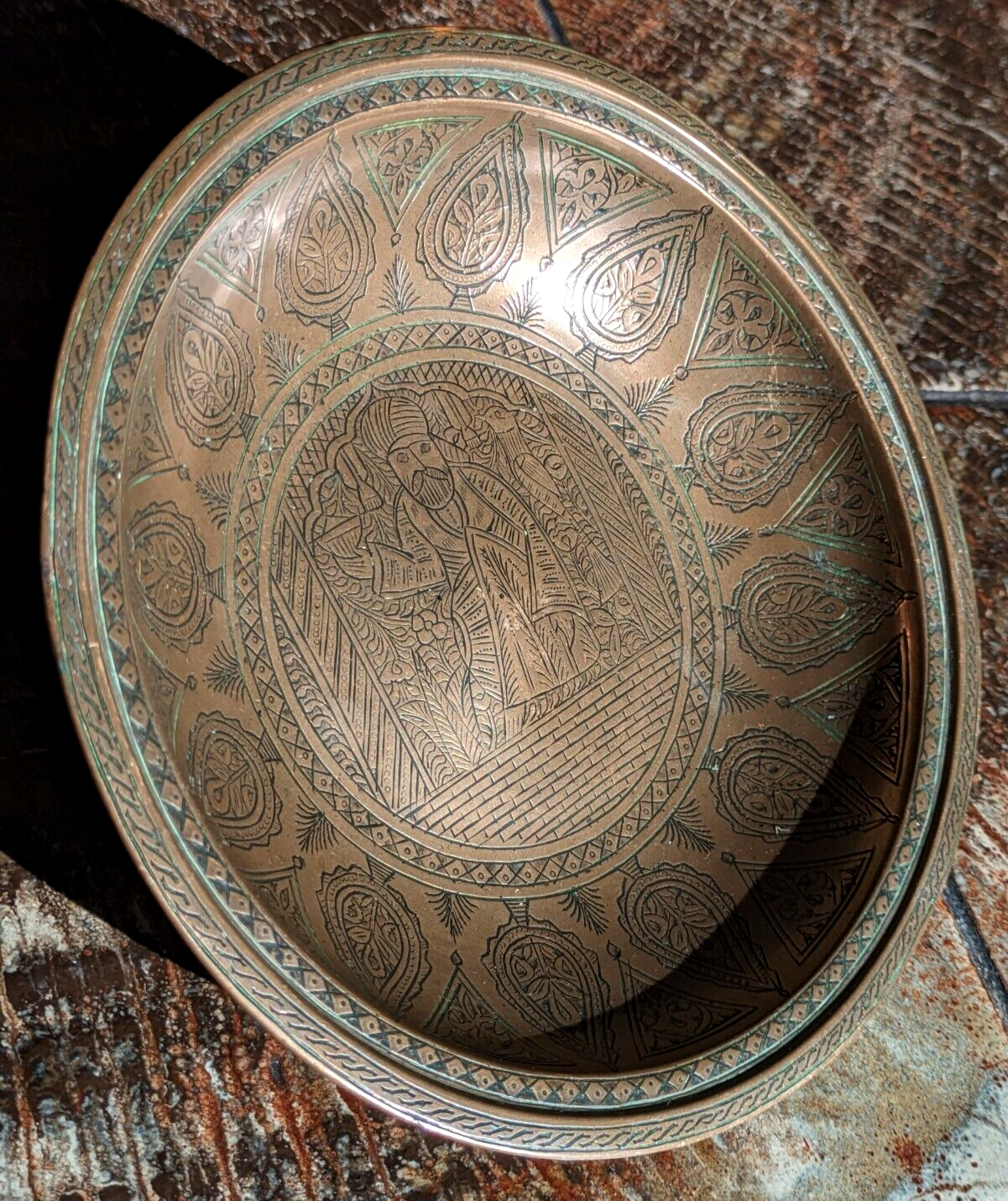 19th Century Persian Qajar Dynasty Engraved Bronze / Copper Bowl Dish Antique