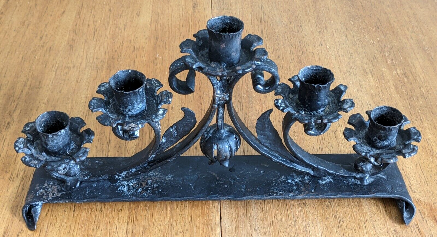 Antique Arts Crafts Art Nouveau Wrought Iron 5 arm Candelabra Candlestick Holder