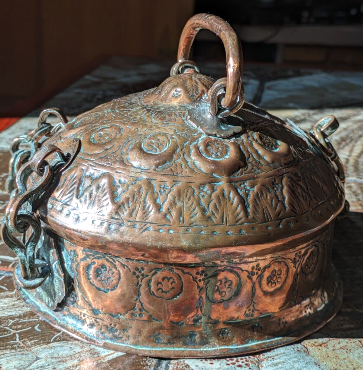 19th Century Indian Mughal Engraved Copper Betel Nut Spice Box Container Antique