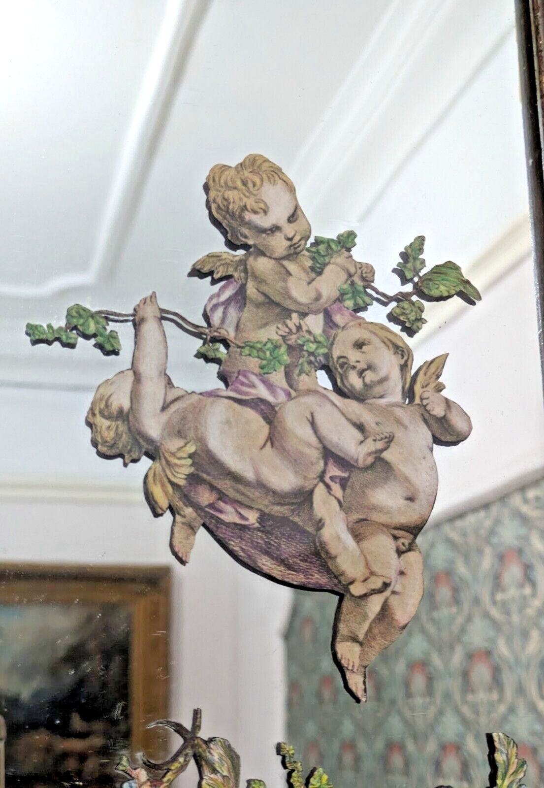 Rare 19th Century French Rococo Reverse Decoupage Mirror Cherub Faun Antique