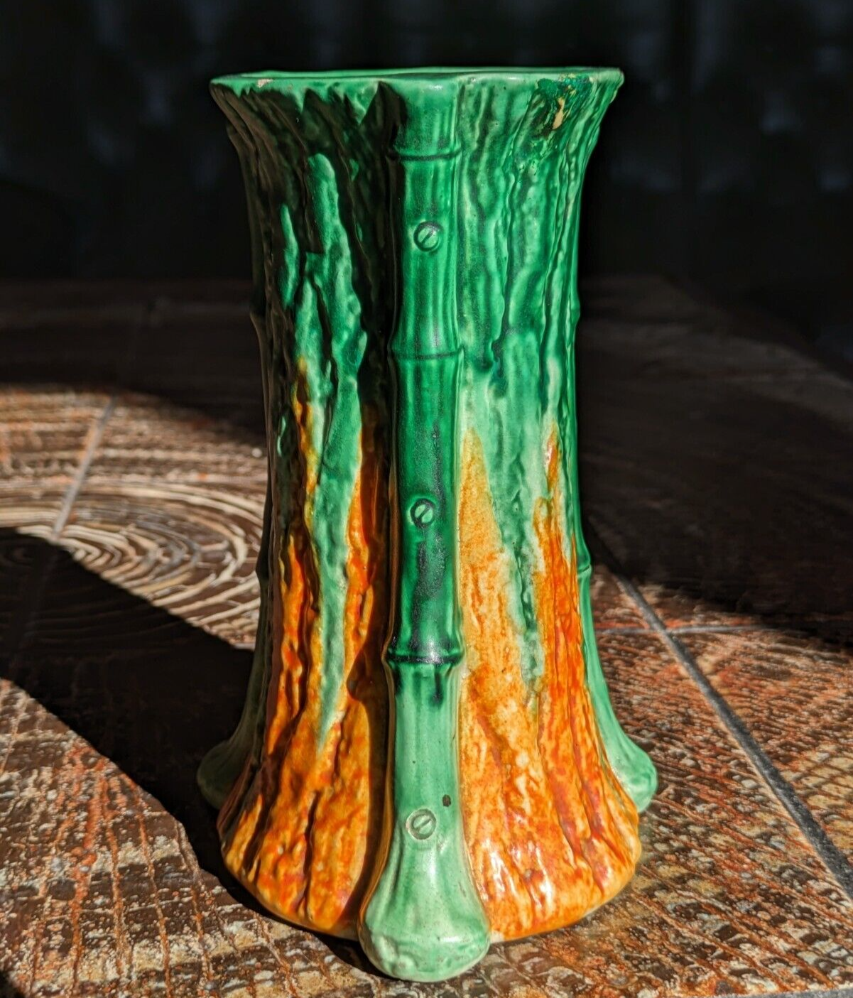 Rare Early 20th Century Antique Bretby Pottery Tree Trunk Vase Orange & Green