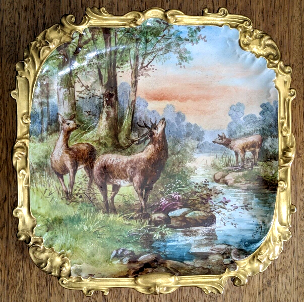 19th Century French Limoges Handpainted Stag Deer Porcelain Wall Plaque Charger