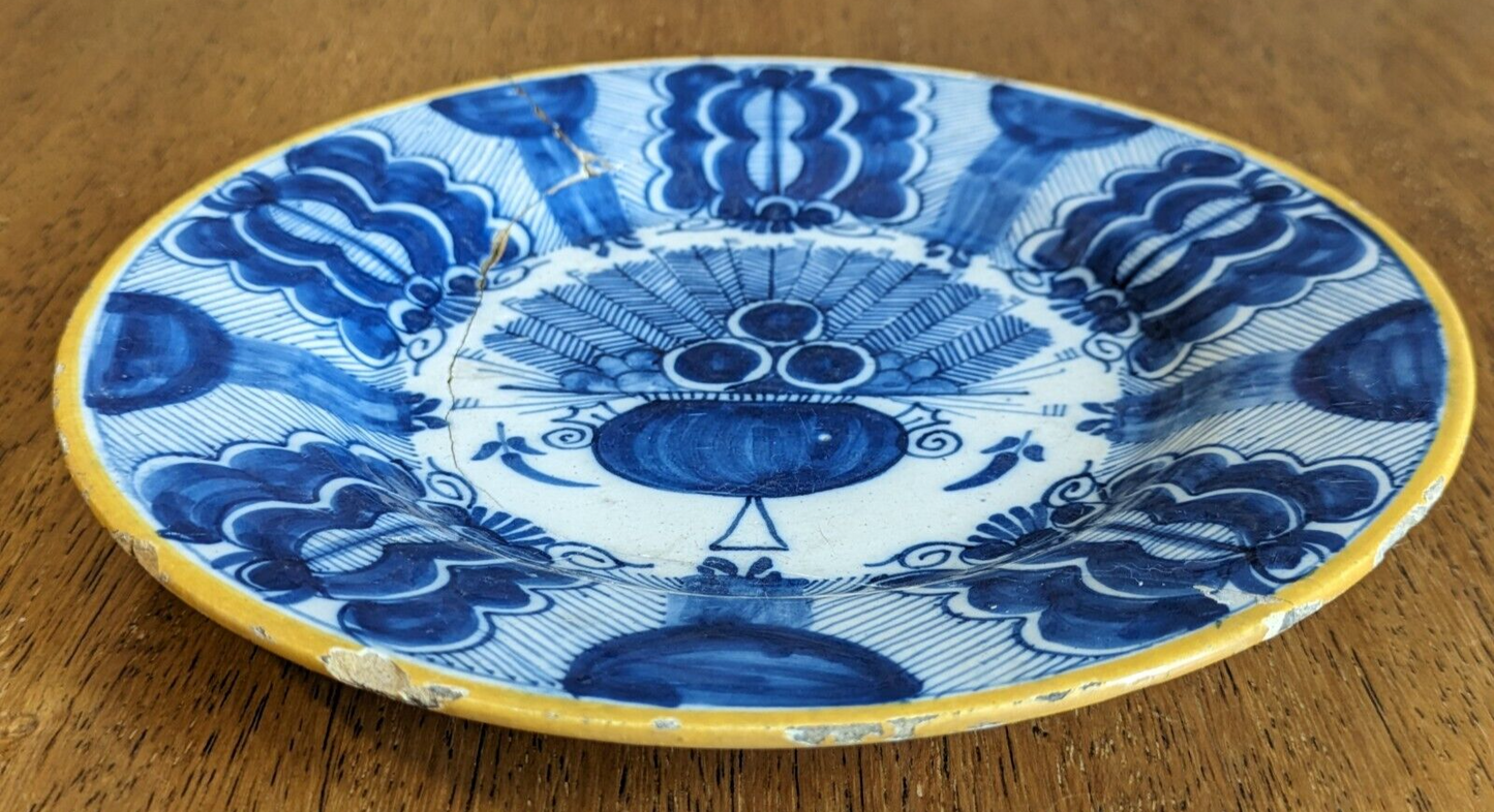 18th Century Dutch Delft De Blompot Peacock Plate Antique FaienceEarthenware A/F