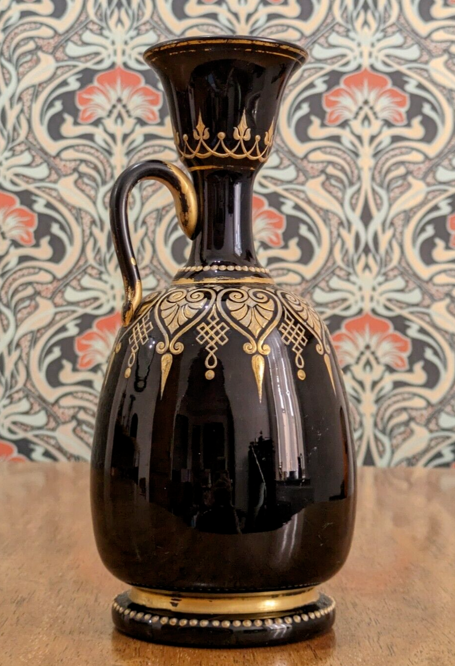 19th Century Black Bohemian Czech Art Glass Gold Gilt Enamel Jug Vase Antique