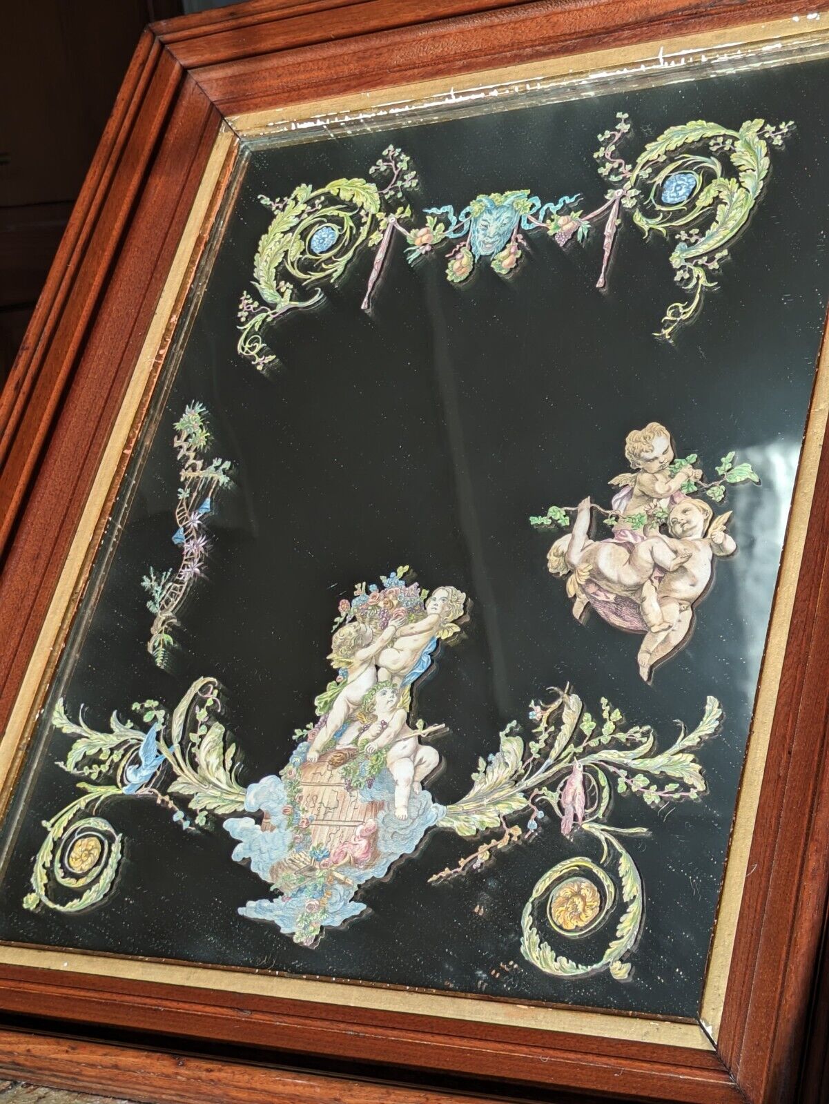 Rare 19th Century French Rococo Reverse Decoupage Mirror Cherub Faun Antique