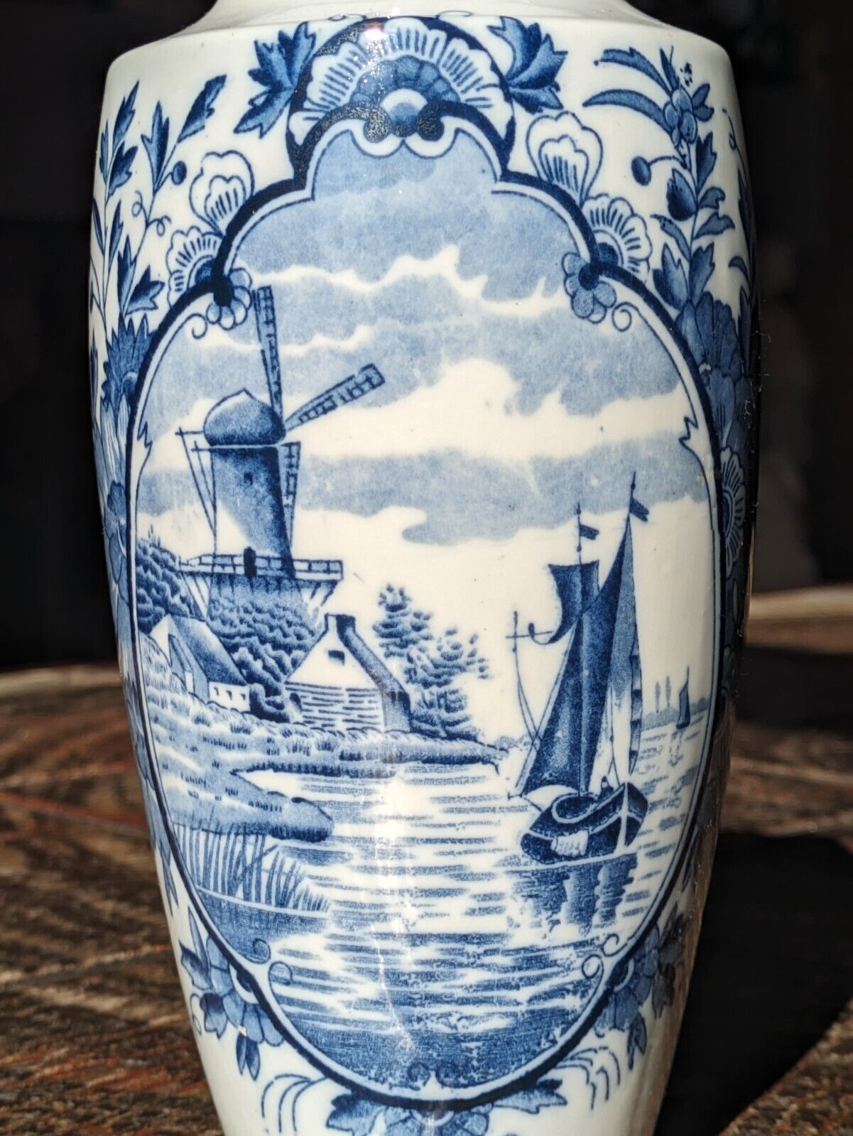 Antique Dutch Delft Ceramic Pottery Blue & White Windmill Ship Vase 18.25 cm