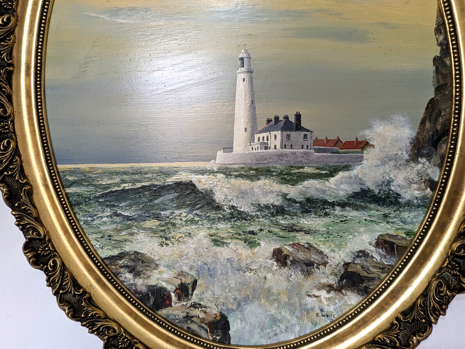 S White British 20th Century Oil Panel Art Painting St Mary's Island Lighthouse