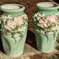 Japanese Seto Celadon Relief Flowers Ceramic Porcelain Vases Pair Antique Meiji