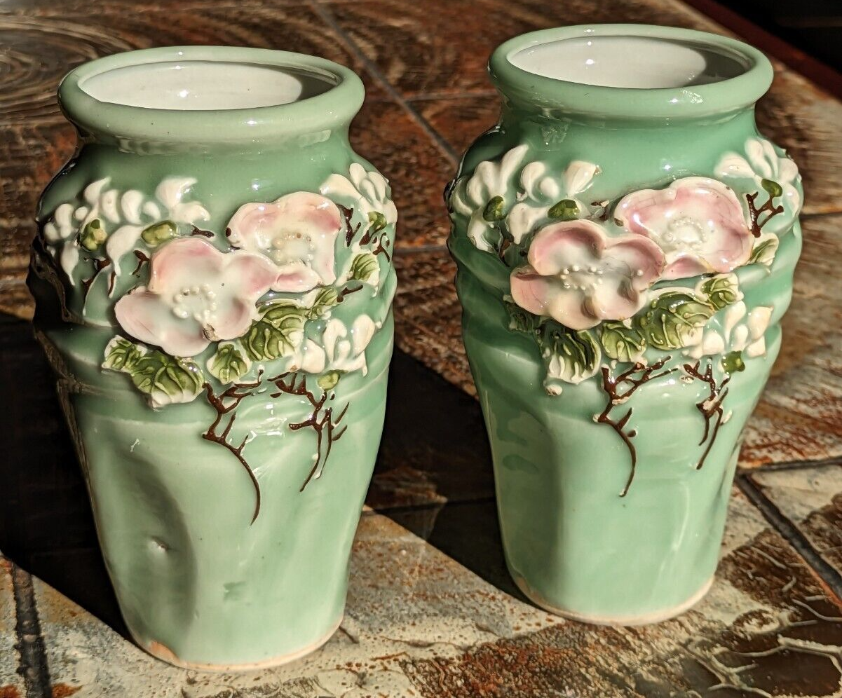 Japanese Seto Celadon Relief Flowers Ceramic Porcelain Vases Pair Antique Meiji