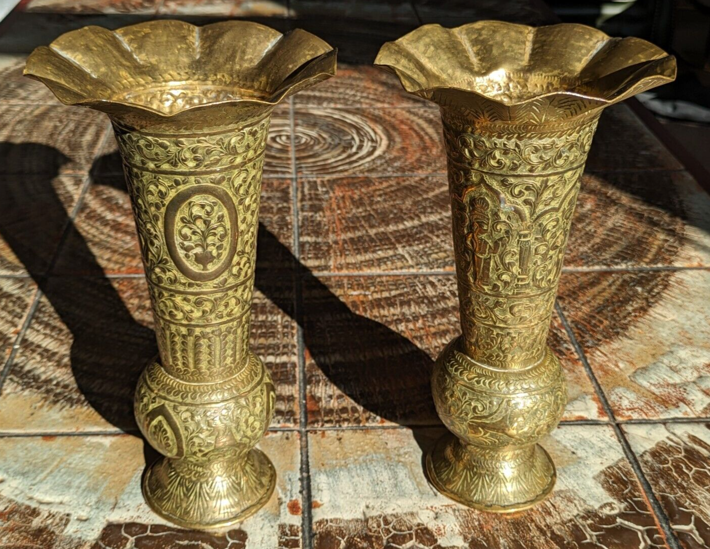 19th Century Pair of Indo Persian Engraved Brass Trumpet Vases Antique 26 cm