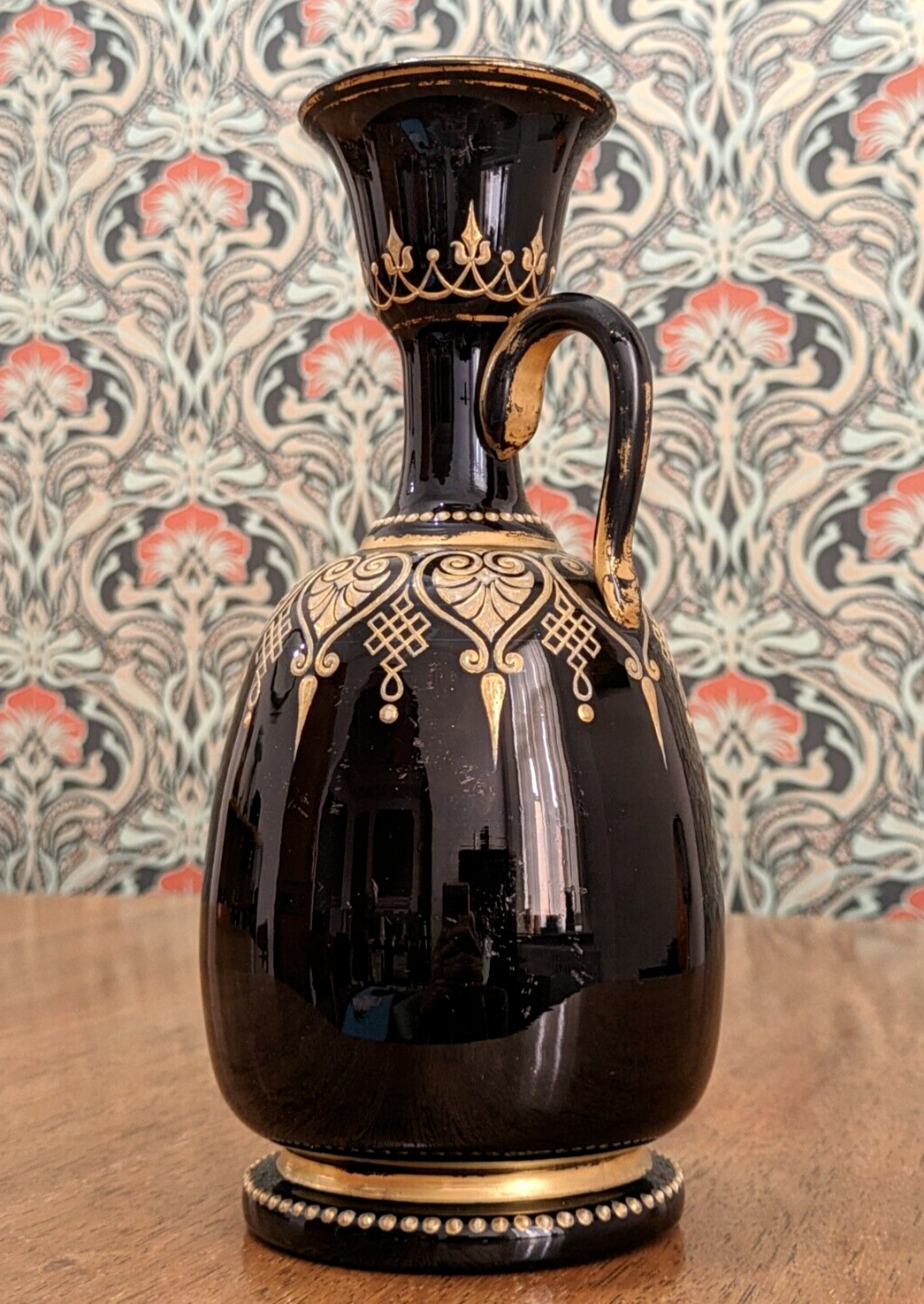 19th Century Black Bohemian Czech Art Glass Gold Gilt Enamel Jug Vase Antique