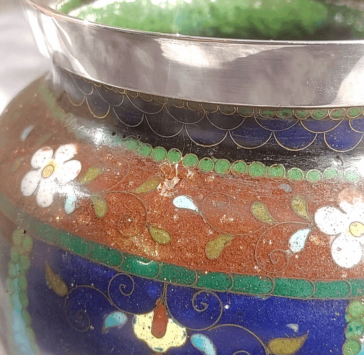 19th Century Antique Japanese Meiji Goldstone Cloisonne Enamel English Silver Vases