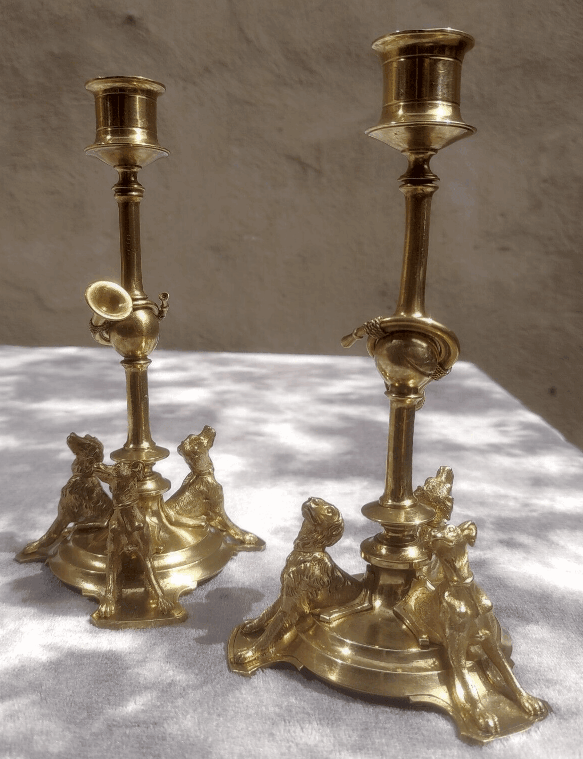 19th Century Antique Pair of Brass Hunting Dog Trophy Candlestick Holders - 20 cm