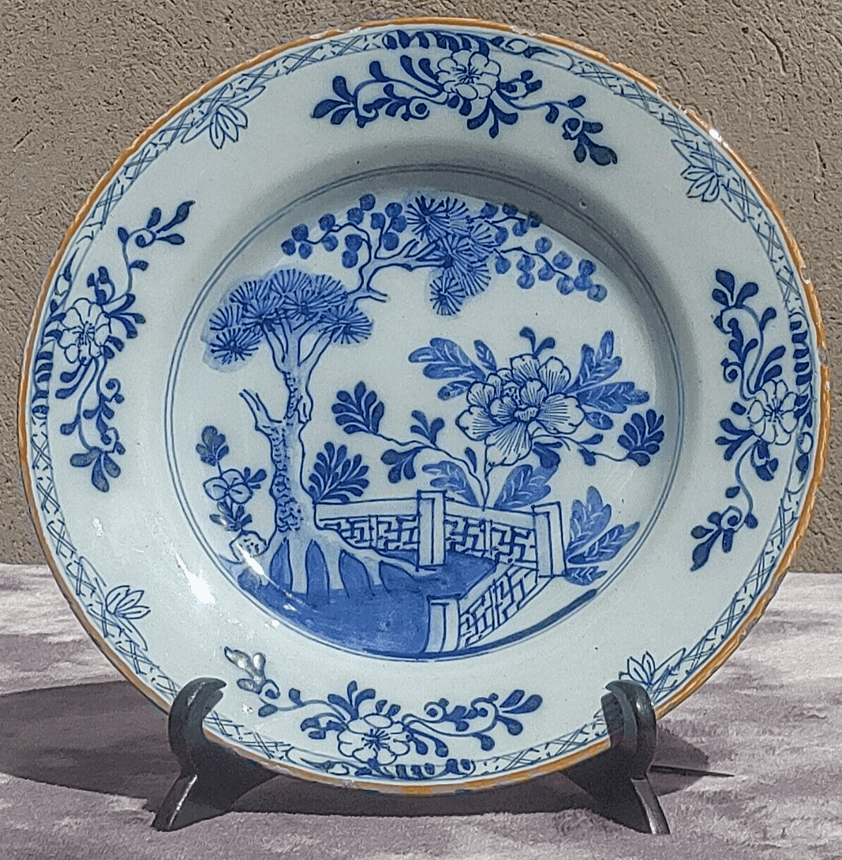 18th Century Dutch Delft Porceleyne Bijl Chinoiserie Ceramic Pottery Dish Plate