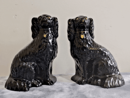 19th Century Antique Staffordshire Pottery Mantle Black Jackfield Spaniel Dogs Pair