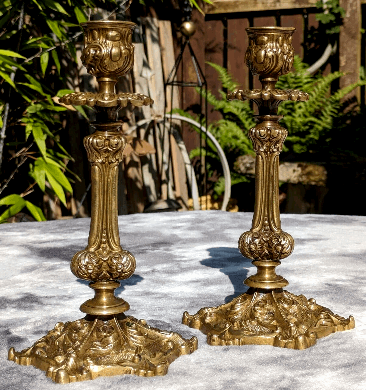 19th Century Antique Pair of Ornate Rococo Brass Candlestick Holders - 20.5 cm