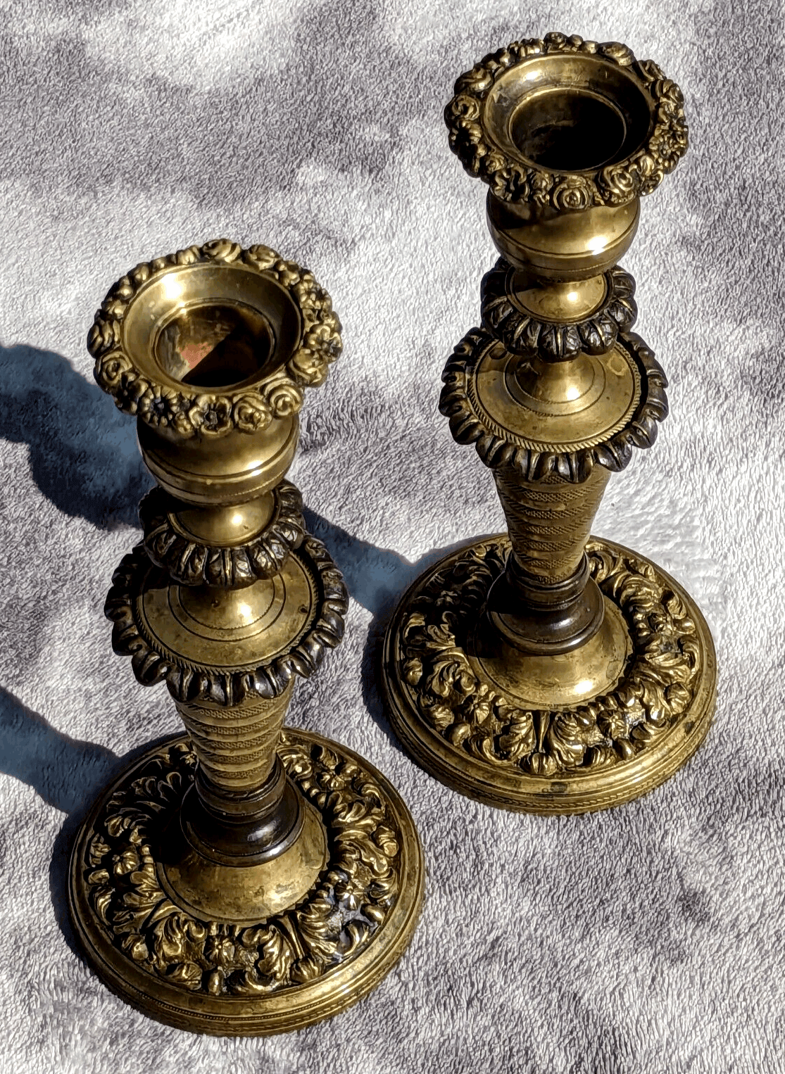 19th Century Antique Pair of Ornate Brass & Bronze Beehive Candlestick Holders