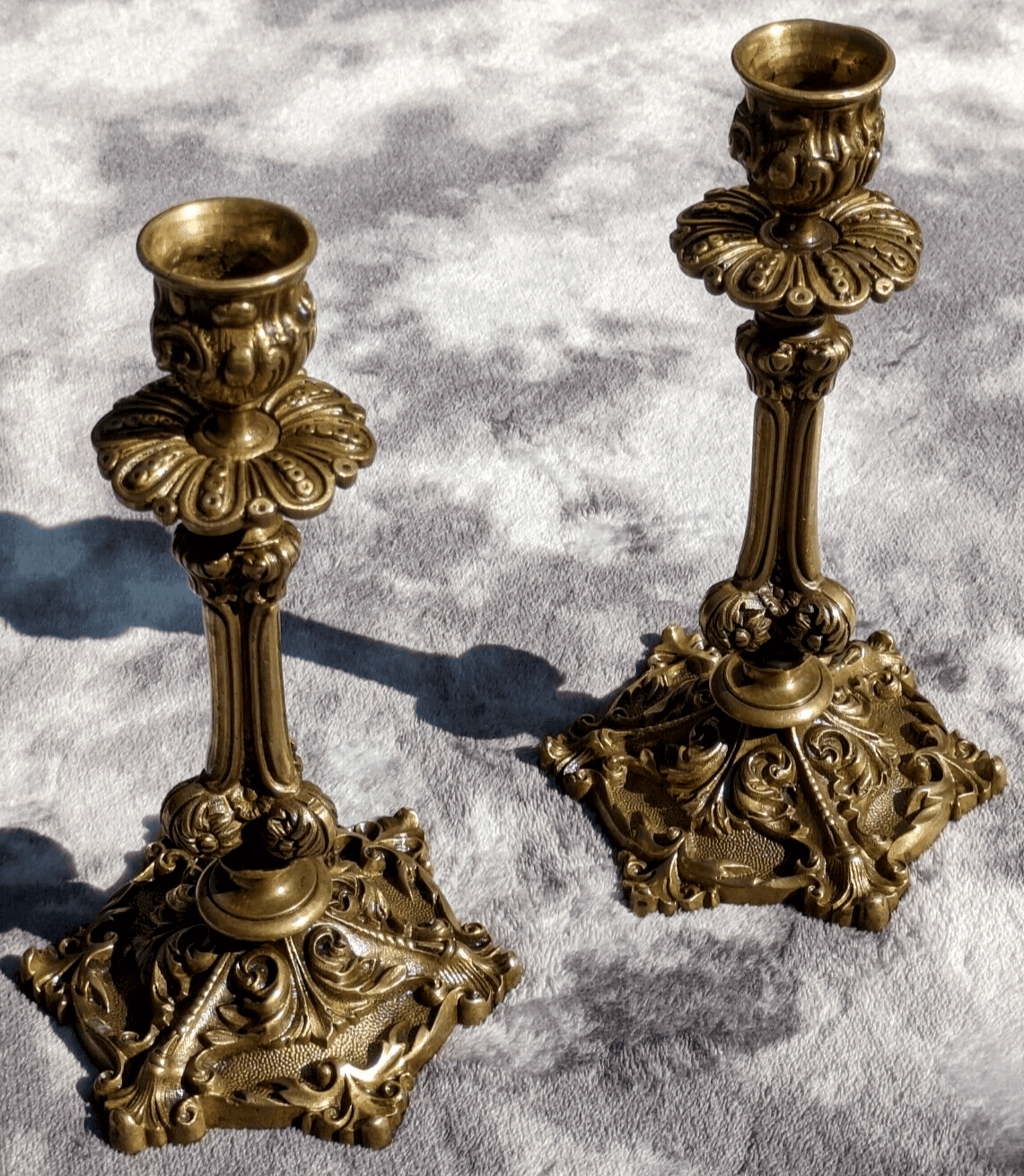19th Century Antique Pair of Ornate Rococo Brass Candlestick Holders - 20.5 cm