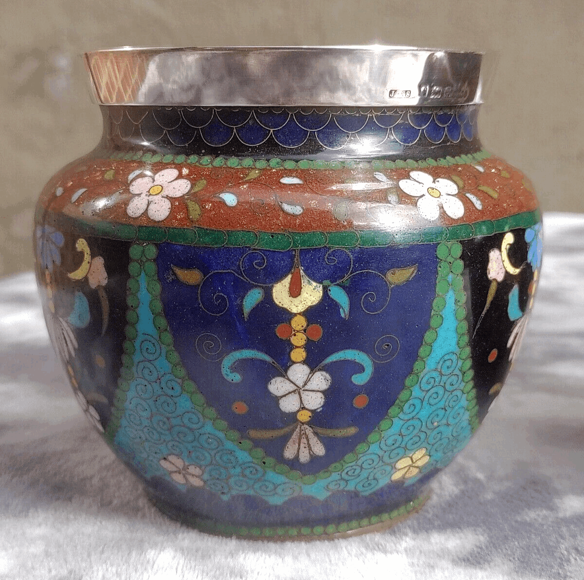 19th Century Antique Japanese Meiji Goldstone Cloisonne Enamel English Silver Vases