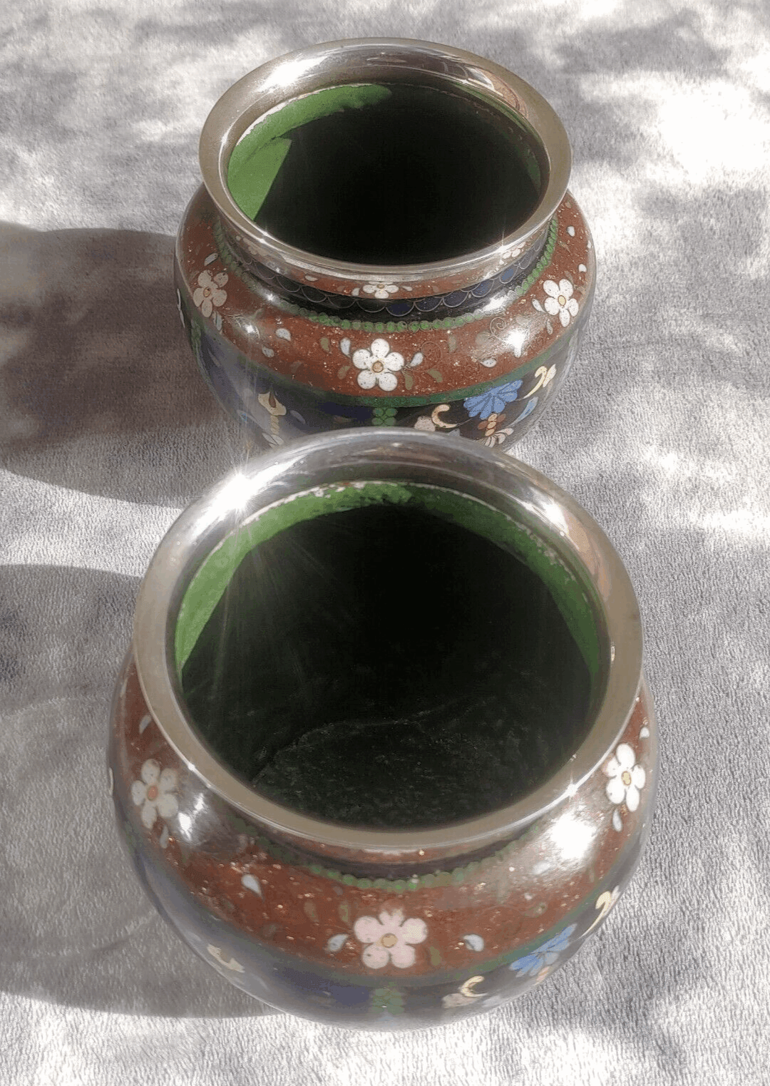 19th Century Antique Japanese Meiji Goldstone Cloisonne Enamel English Silver Vases
