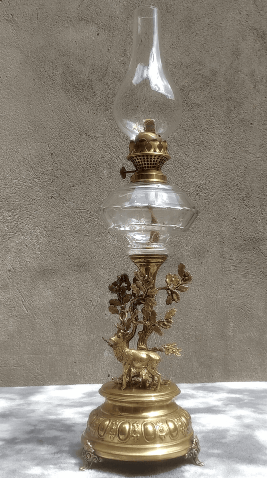 19th Century Antique Art Nouveau Brass & Cut Glass Stag Deer Oil Lamp Light