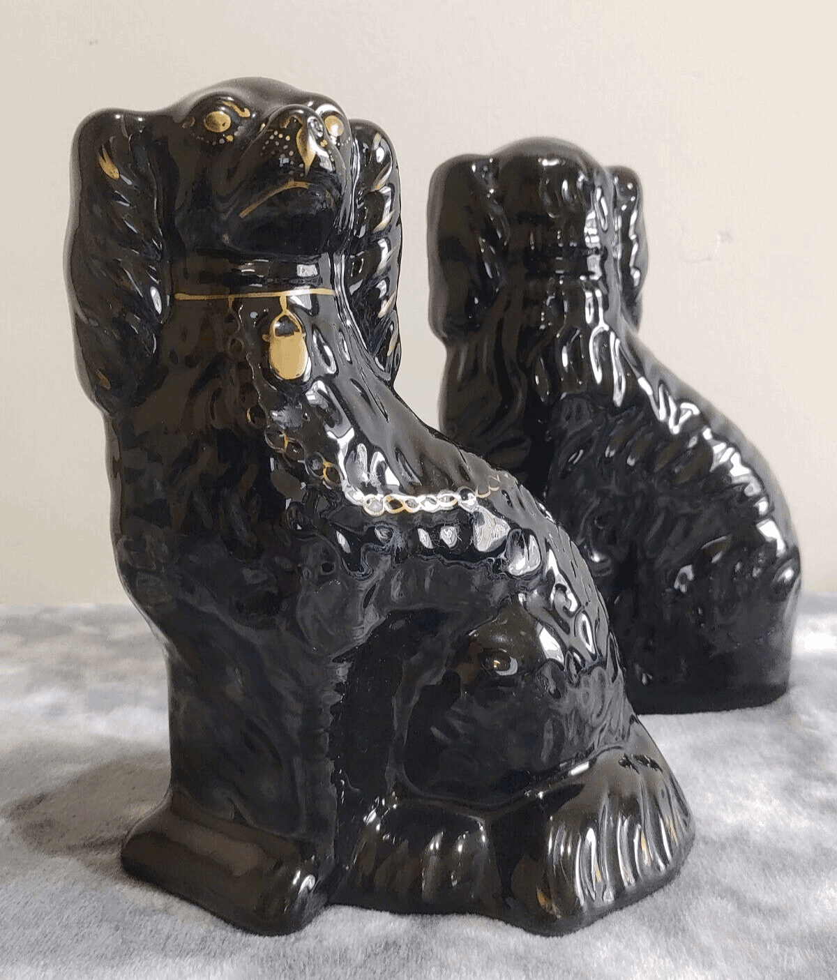 19th Century Antique Staffordshire Pottery Mantle Black Jackfield Spaniel Dogs Pair